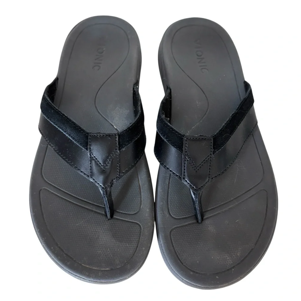 Vionic Men's Dennis Black Leather Flip Flops Sz 7